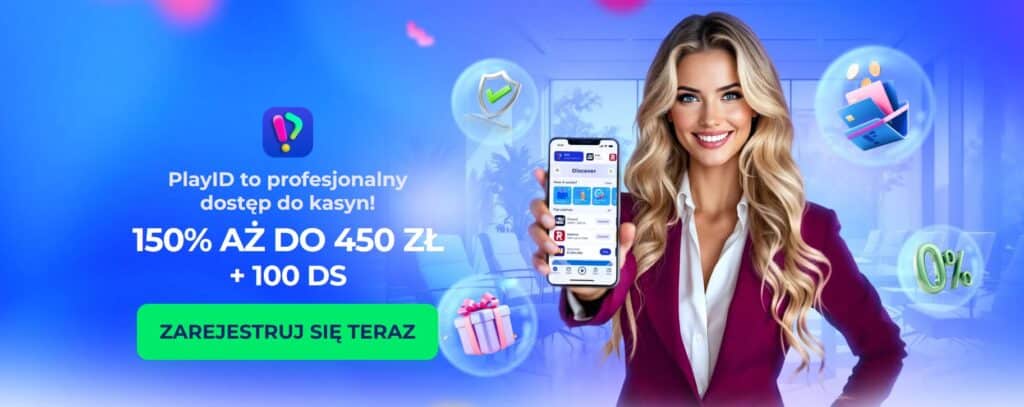 Baner PlayID z kobietą trzymającą smartfon i tekstem „150 % do 450 zł + 100 darmowych spinów”.