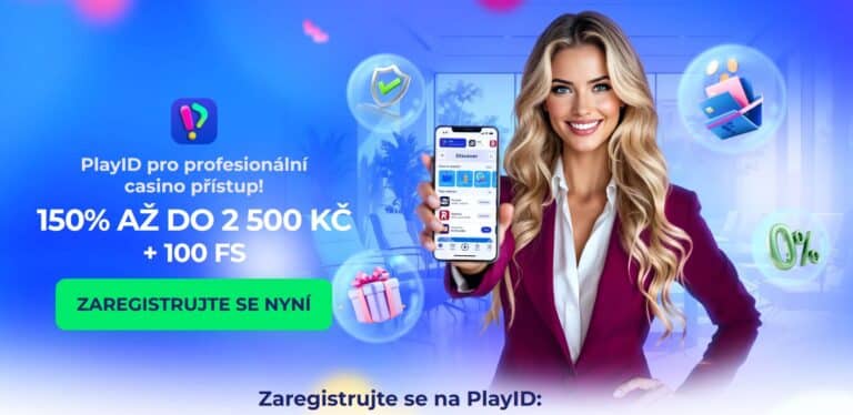 Propagační obrázek PlayID se ženou, která drží mobil s aplikací a textem „150 % až do 100 Kč + 100 zatočení zdarma“.