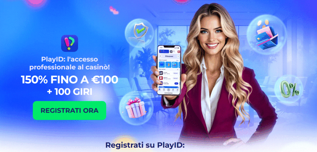 Banner PlayID con una donna che tiene in mano uno smartphone e il testo “150 % fino a 100 € + 100 giri gratis”.