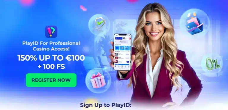 PlayID welkomstbonusbanner met 150% tot €100 + 100 free spins en vrouw die de app toont
