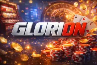 Immagine promozionale di Glorion Casino con il logo Glorion, fiches da casinò, monete dorate e carte da gioco che rappresentano il casinò online e le scommesse sportive.