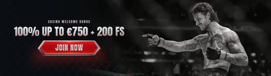 Glorion Casino welcome bonus banner showing 100% bonus up to €750 plus 200 free spins with a “Join Now” button and a fighter-themed promotional design