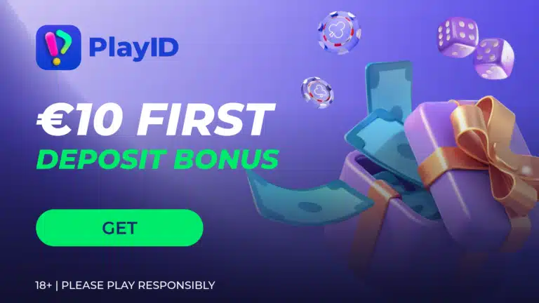 PlayID €10 first deposit bonus banner with gift box, cash, casino chips, and dice