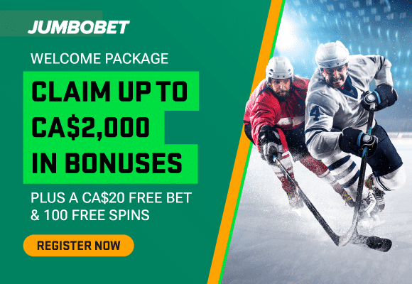 Bannière de bienvenue JumboBet Canada avec joueurs de hockey, 2 000 $ CA de bonus, pari gratuit de 20 $ CA et 100 free spins
