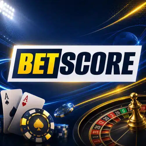 Propagační obrázek BetScore Casino a sportsbooku s logem BetScore, kasinovými žetony, hracími kartami, ruletovým kolem a grafikou sportovního sázení