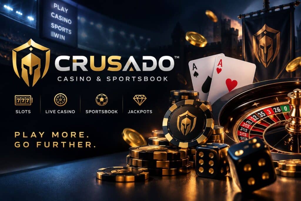 Crusado Casino review banner with slots, live casino, sportsbook, jackpots, roulette, cards, dice and casino chips.